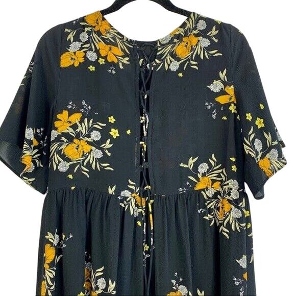 ZARA Floral Lace Up Back Babydoll Midi Stretch Dress Short Sleeve M Black Orange - Picture 6 of 15